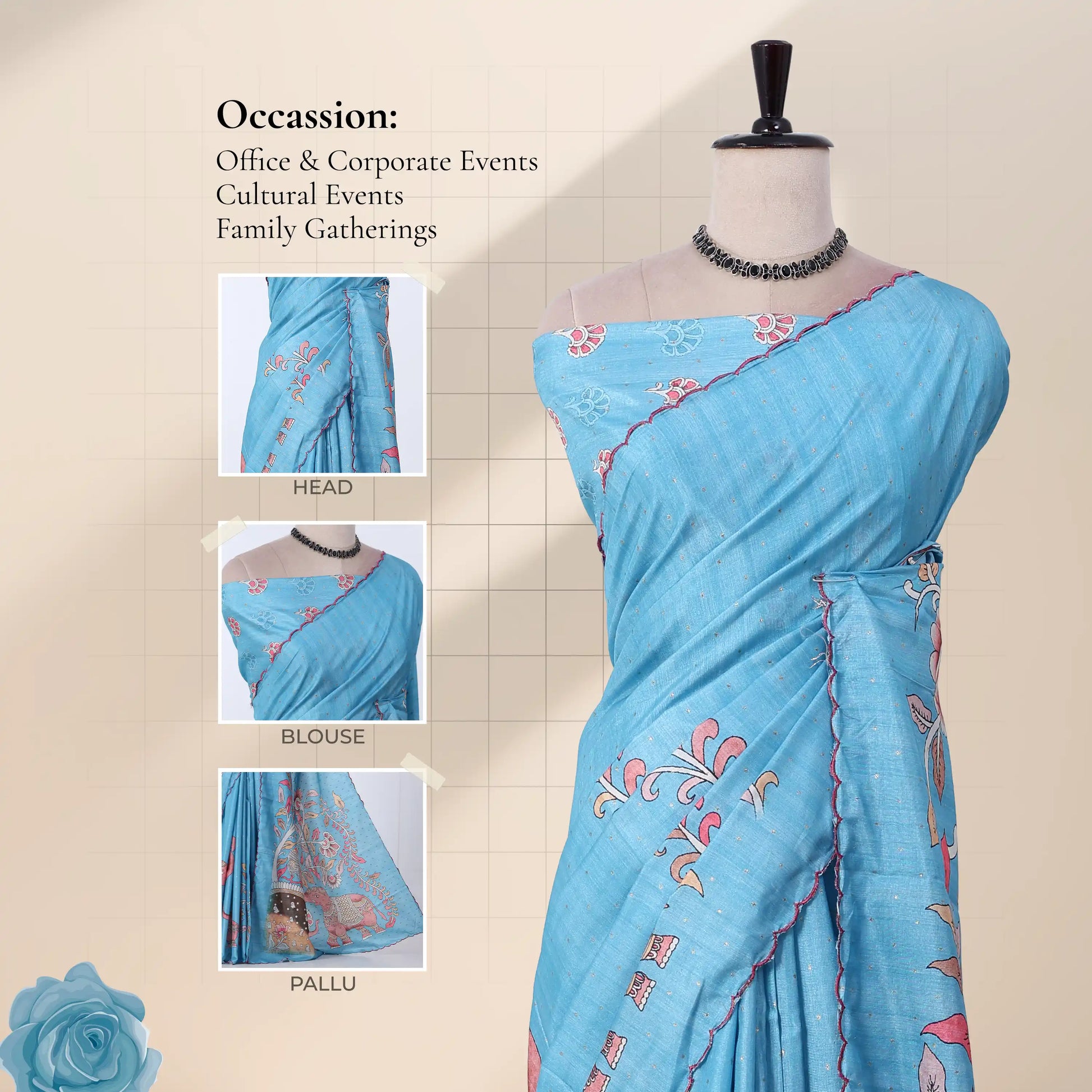 A light blue saree with pink and orange floral embroidery with detail of the head, blouse, and pallu