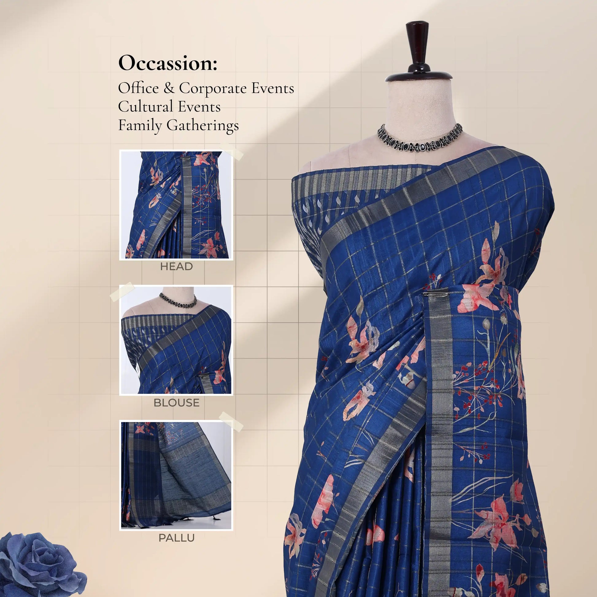 A blue floral saree with a matching blouse, shown detail views of the head, blouse, and pallu. 