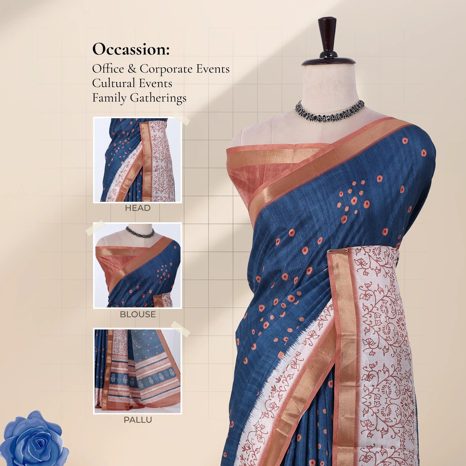 A blue saree with a peach-pink border and white floral pallu