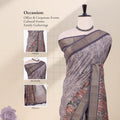 A patterned grey and purple saree displayed on a mannequin, with inset views of the head, blouse, and pallu