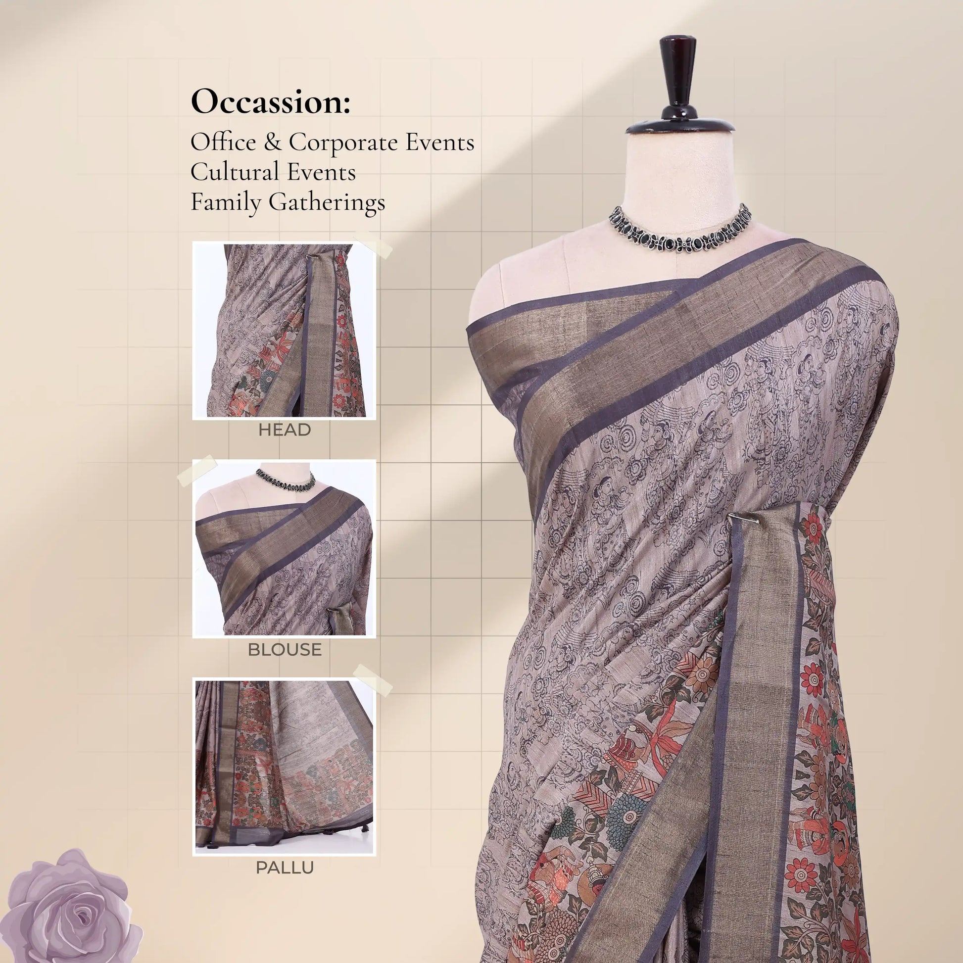 A patterned grey and purple saree displayed on a mannequin, with inset views of the head, blouse, and pallu