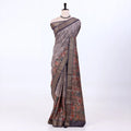 Brown Semi Tussar saree featuring floral print with navy woven border, elegant front drape view