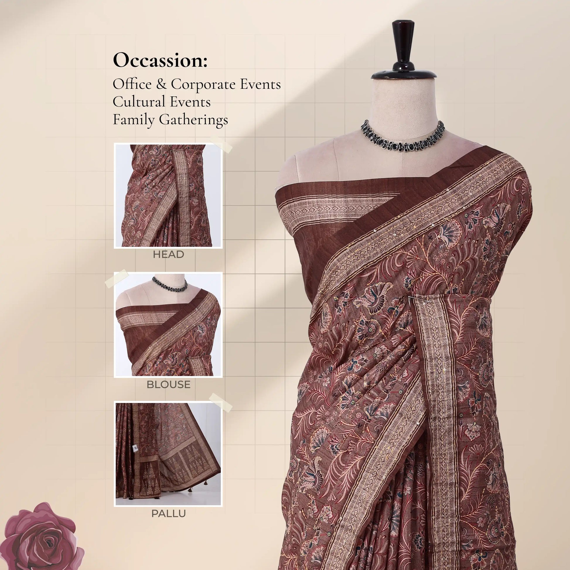 A brown saree with intricate floral patterns and a silver border with detail of head, blouse, and pallu.