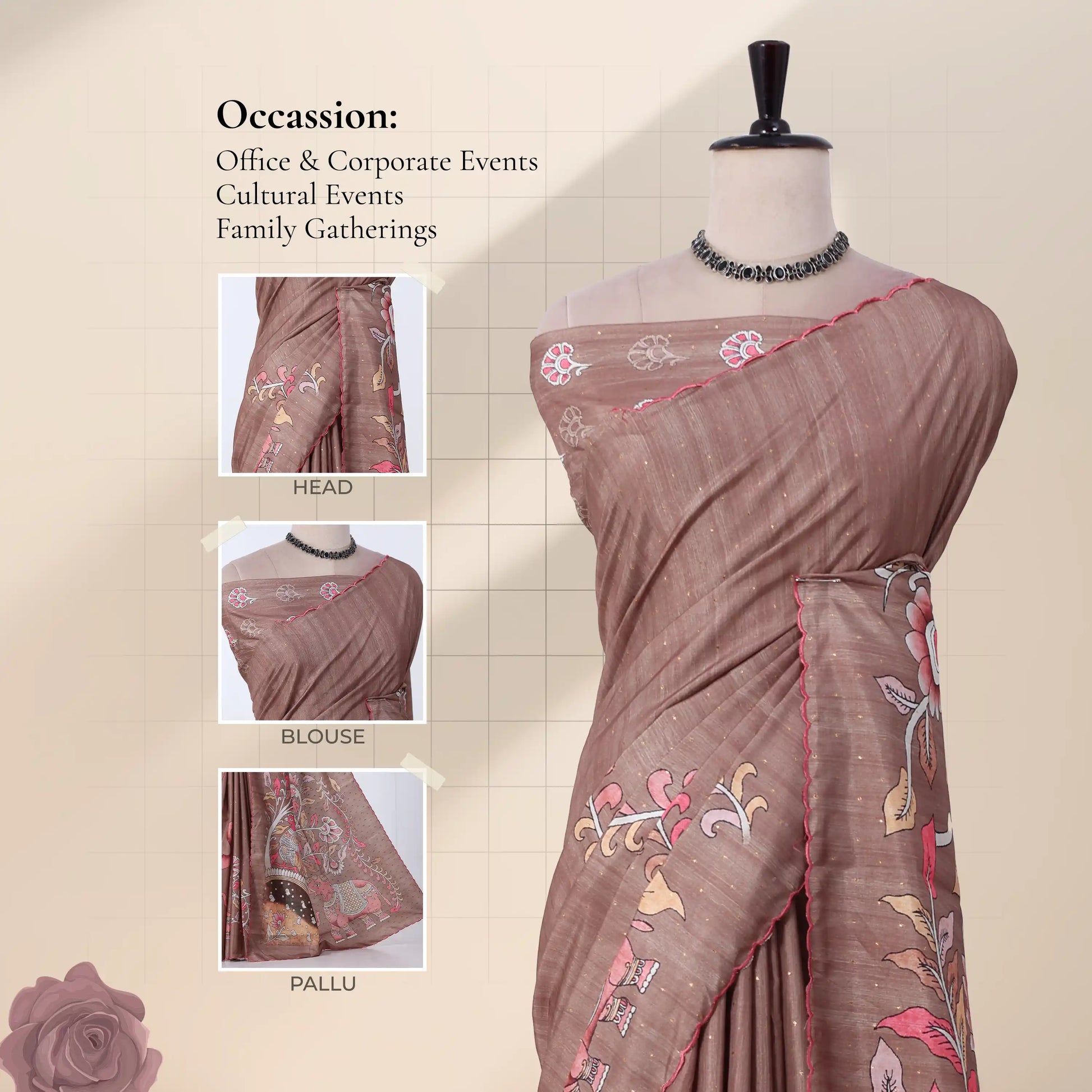 A mauve-brown saree with pink and multicolor floral embroidery with detail views of the head, blouse, and pallu