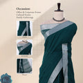A dark teal green saree with a light gray/silver zari border, displayed on a mannequin. The image includes three inset images showing the saree draped on the head, blouse, and pallu, along with text listing occasions such as office, corporate, and cultural events.