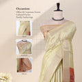 A cream-colored tusser saree with a metallic gold border and a multicolored floral patterned blouse with detail of  head, blouse, and pallu
