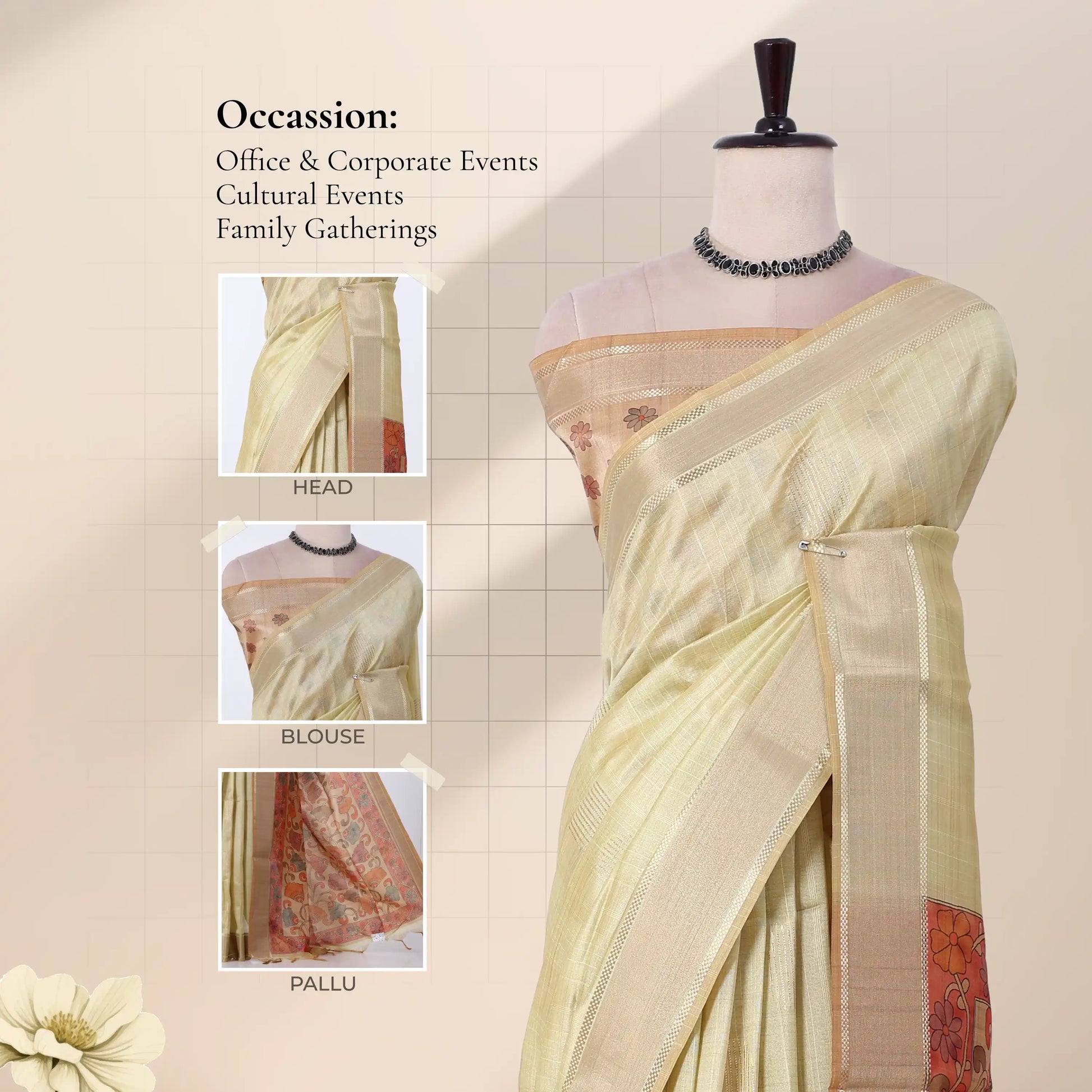 A cream-colored tusser saree with a metallic gold border and a multicolored floral patterned blouse with detail of  head, blouse, and pallu