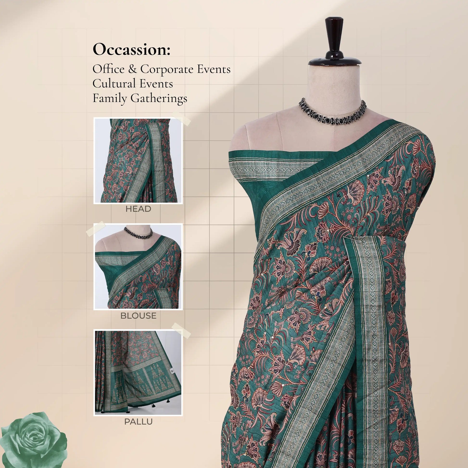 A teal green saree with intricate floral patterns and a silver border with detail of head, blouse, and pallu.
