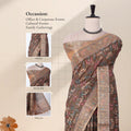 A brown  printed saree with inset views of blouse, head drape, and pallu. 