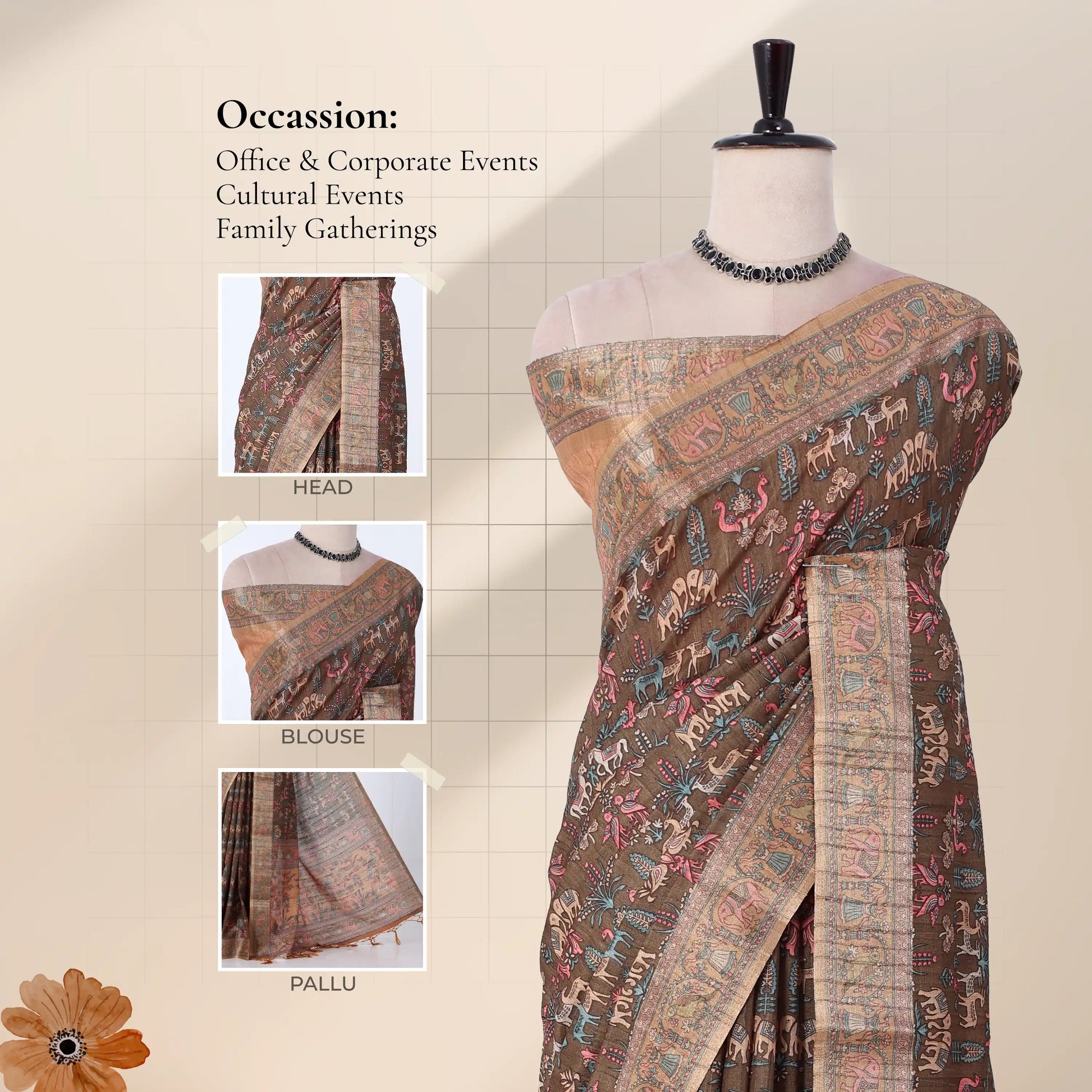 A brown  printed saree with inset views of blouse, head drape, and pallu. 
