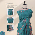 A teal green saree with pink and white floral patterns and red scalloped borders,with detail of head, blouse, and pallu