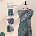 A teal and purple patterned saree  with a matching blouse, shown head, blouse, and pallu. 