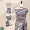 A printed green tusser saree with inset views showing the head, blouse, and pallu.