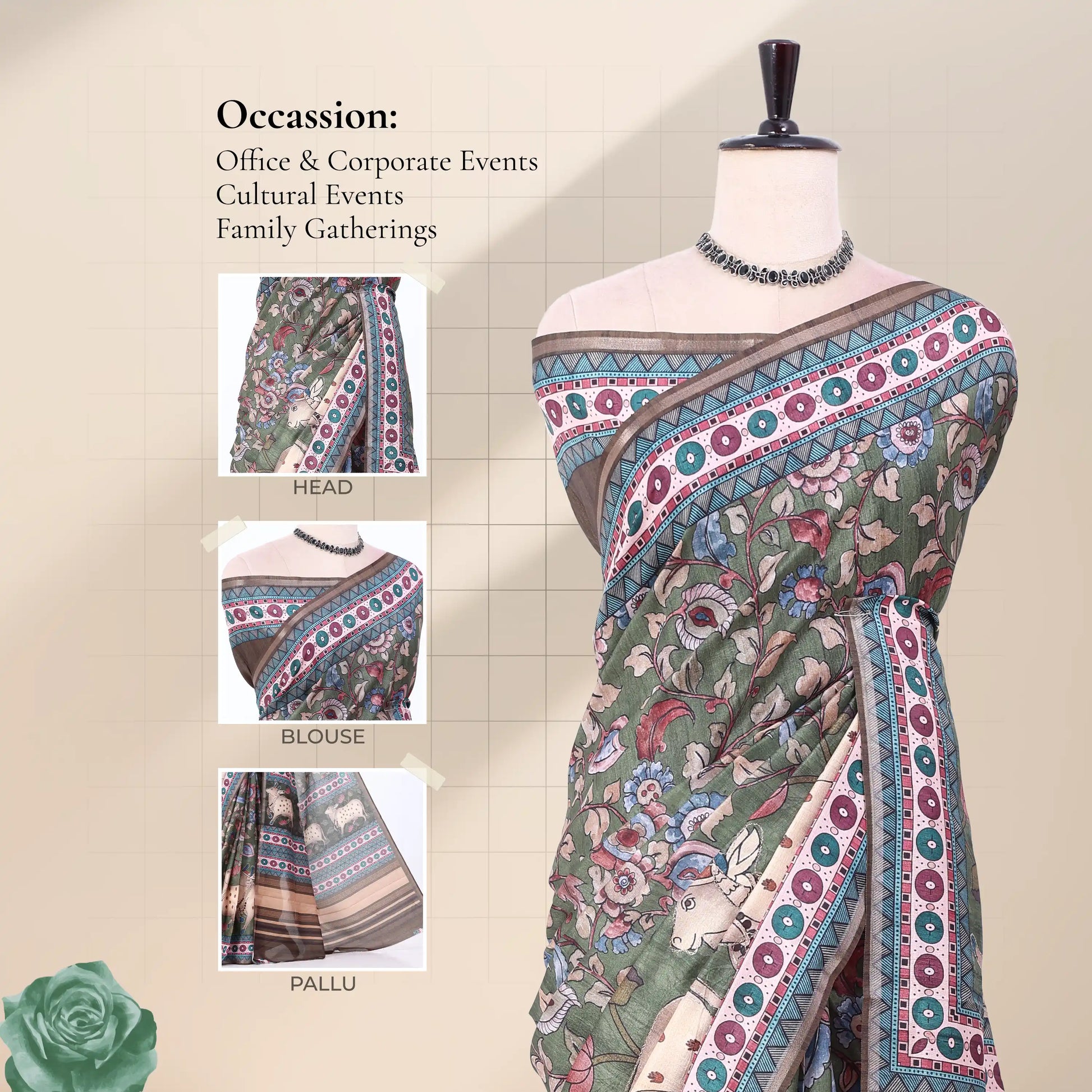 A printed green tusser saree with inset views showing the head, blouse, and pallu.