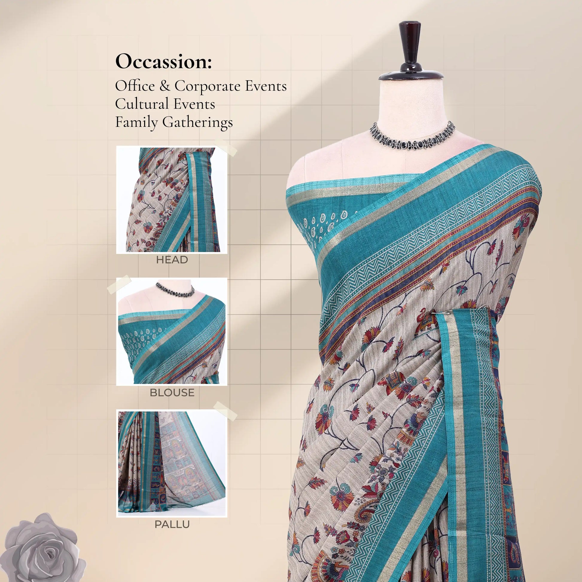 A teal and beige printed saree  with inset close-ups of the head, blouse, and pallu