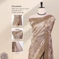 A beige and brown patterned silk saree with detail images of the head, blouse, and pallu. 