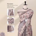 A draped tusser saree with detail of head, blouse, and pallu