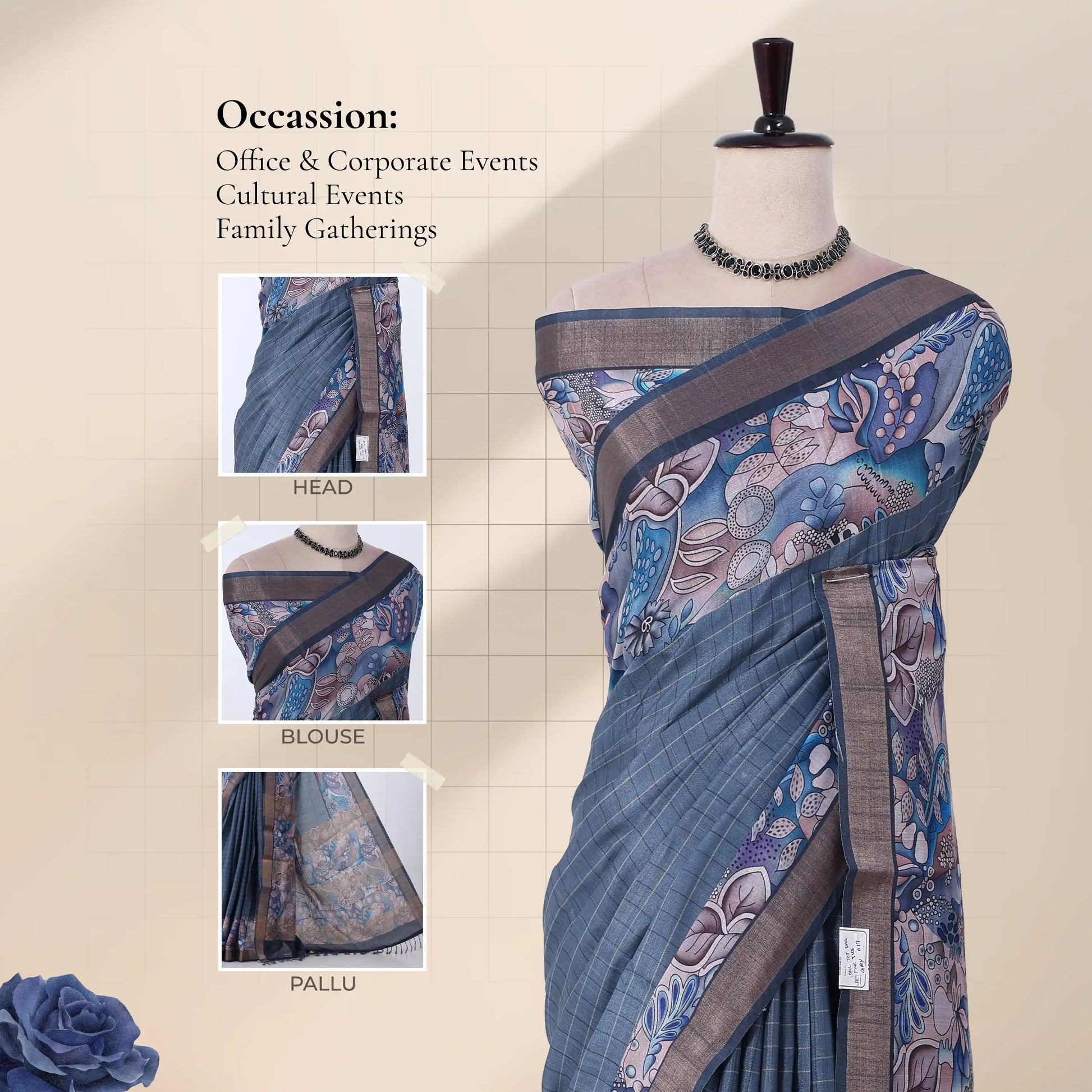 A blue patterned saree with a matching blouse, with detail of  head, blouse, and pallu. 