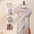 A light beige and gold saree  with inset images showing close-ups of the head drape, blouse, and pallu.