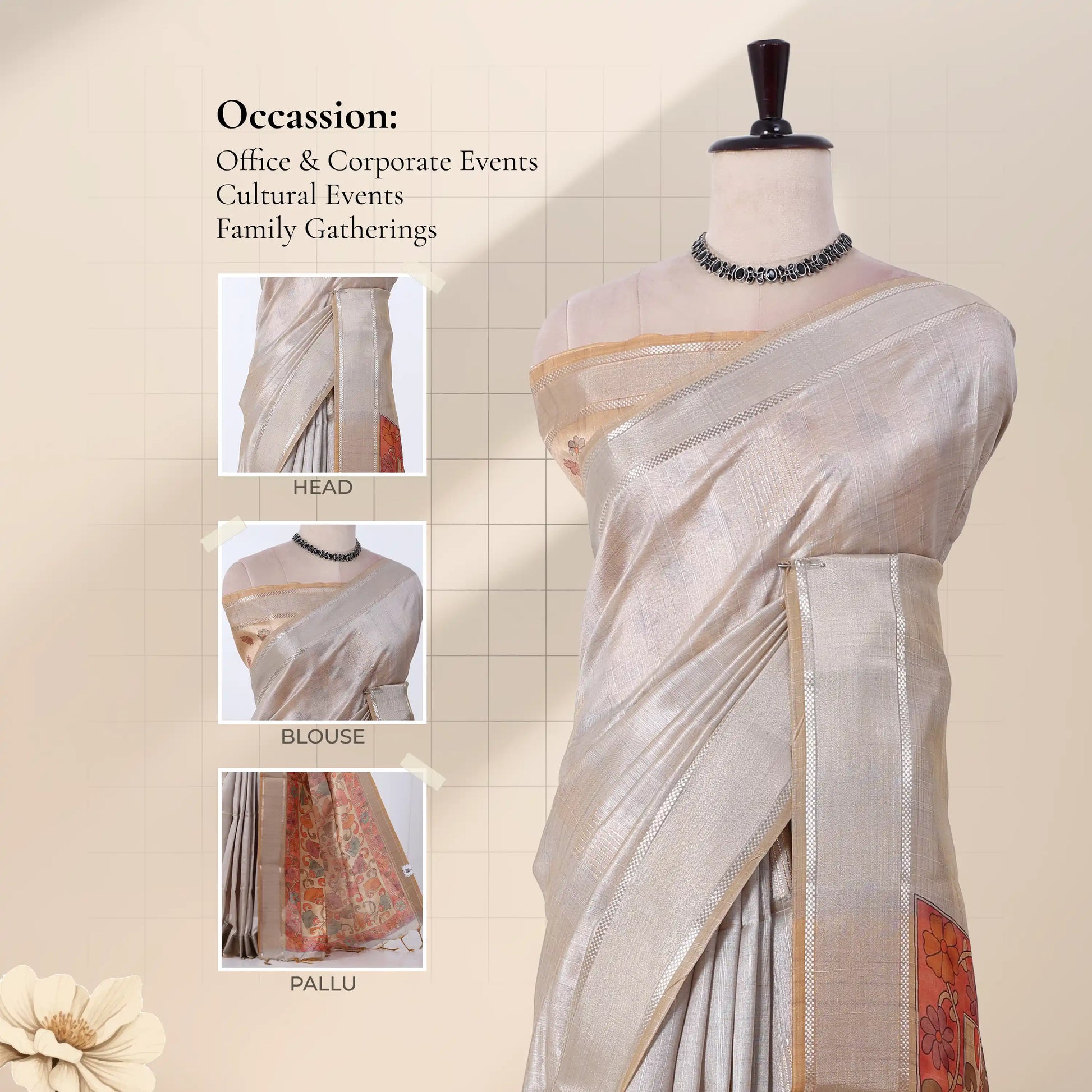 A light beige and gold saree  with inset images showing close-ups of the head drape, blouse, and pallu.
