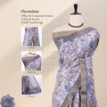 A blue  printed saree with a wide metallic pink border with detail views of the head, blouse, and pallu