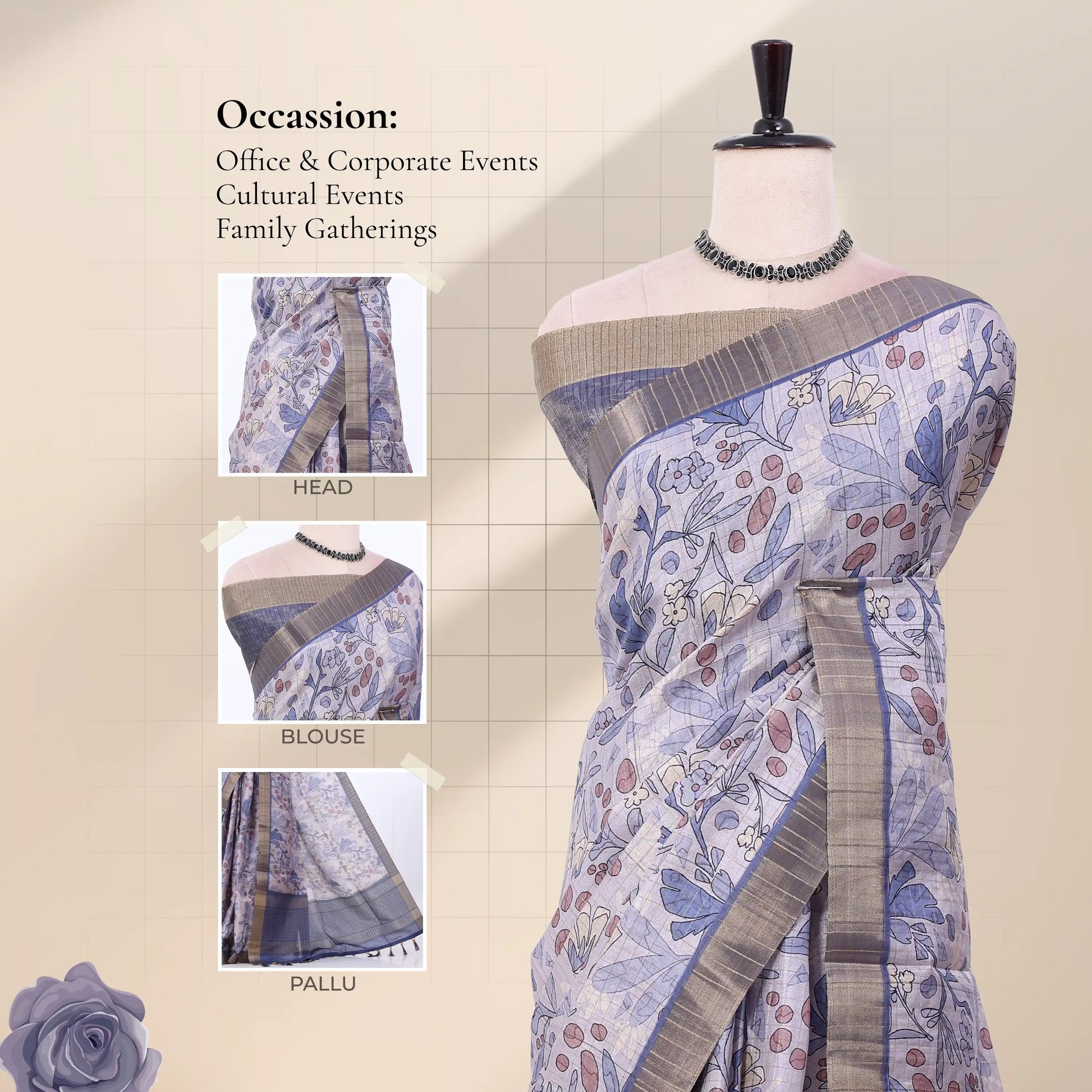 A blue  printed saree with a wide metallic pink border with detail views of the head, blouse, and pallu