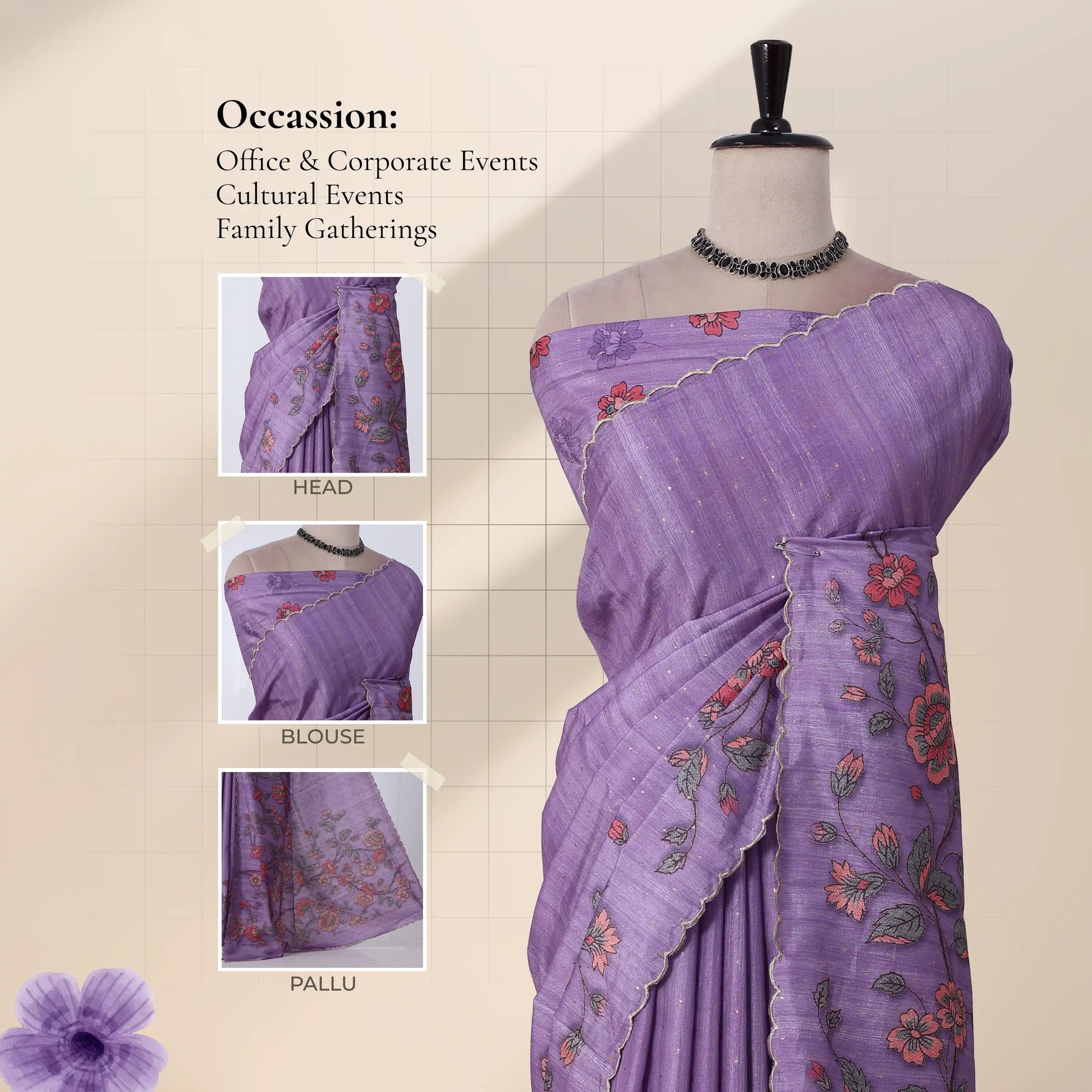 Purple floral printed saree with inset detail of the head drape, blouse, and pallu