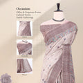 A tusser saree displayed with a matching blouse,with detail of head, blouse, and pallu.