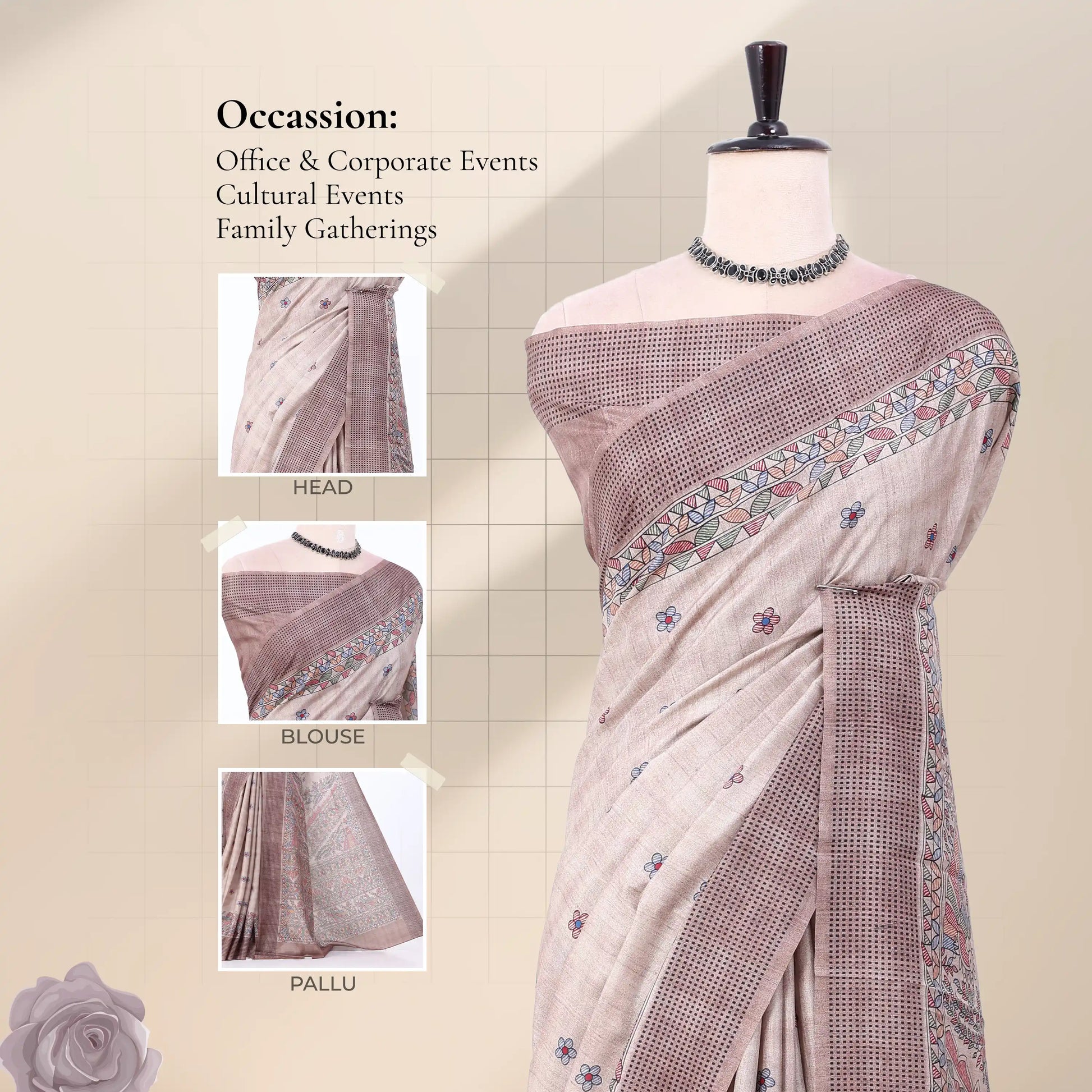 A tusser saree displayed with a matching blouse,with detail of head, blouse, and pallu.