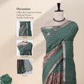 A dark green and brown saree with inset views of the blouse, pallu, and head drape. 