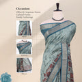 A sage green and blue saree with a red floral pallu and a gray border inset images showing the head, blouse, and pallu details,