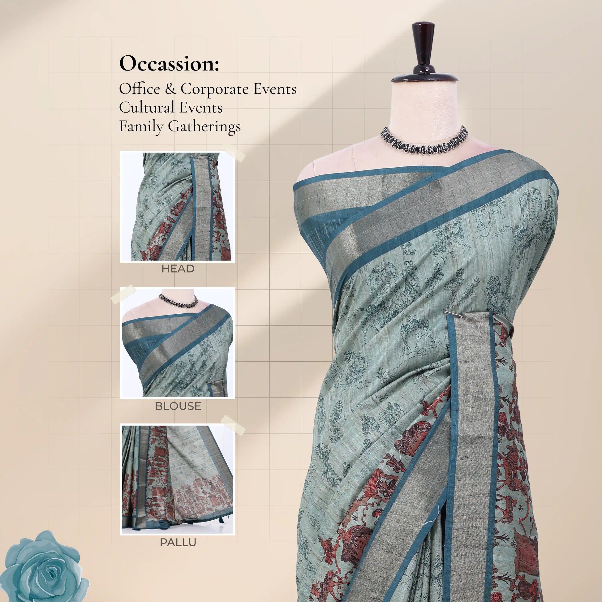 A sage green and blue saree with a red floral pallu and a gray border inset images showing the head, blouse, and pallu details,