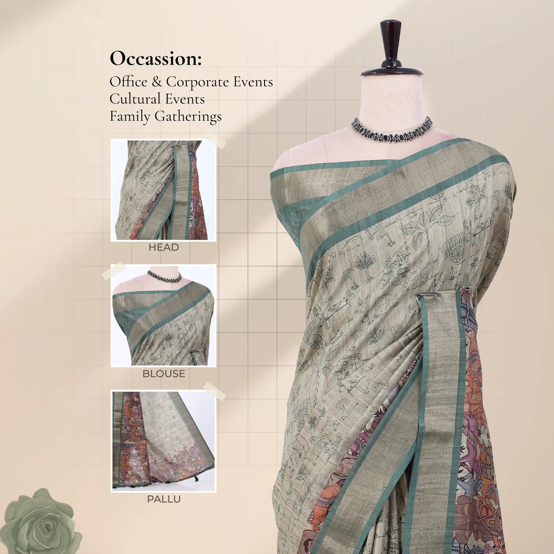 A draped saree displayed on a mannequin with inset close-ups head, blouse, and pallu. 