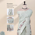 A pistha Green striped saree with butterfly and floral prints with head, blouse, and pallu details.