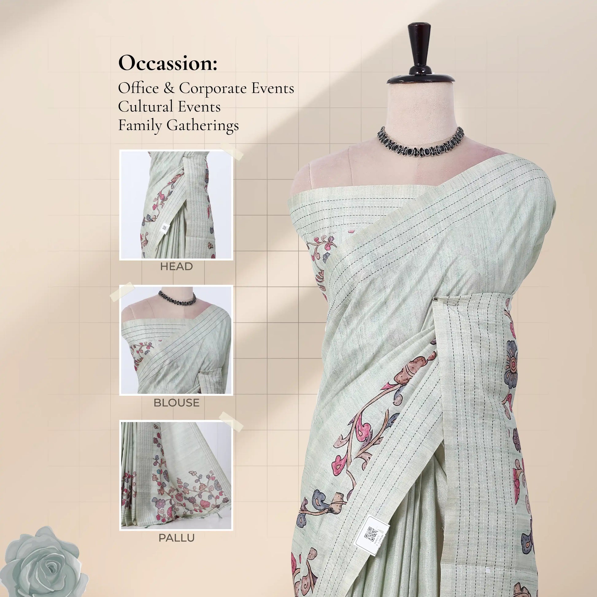 A pistha Green striped saree with butterfly and floral prints with head, blouse, and pallu details.