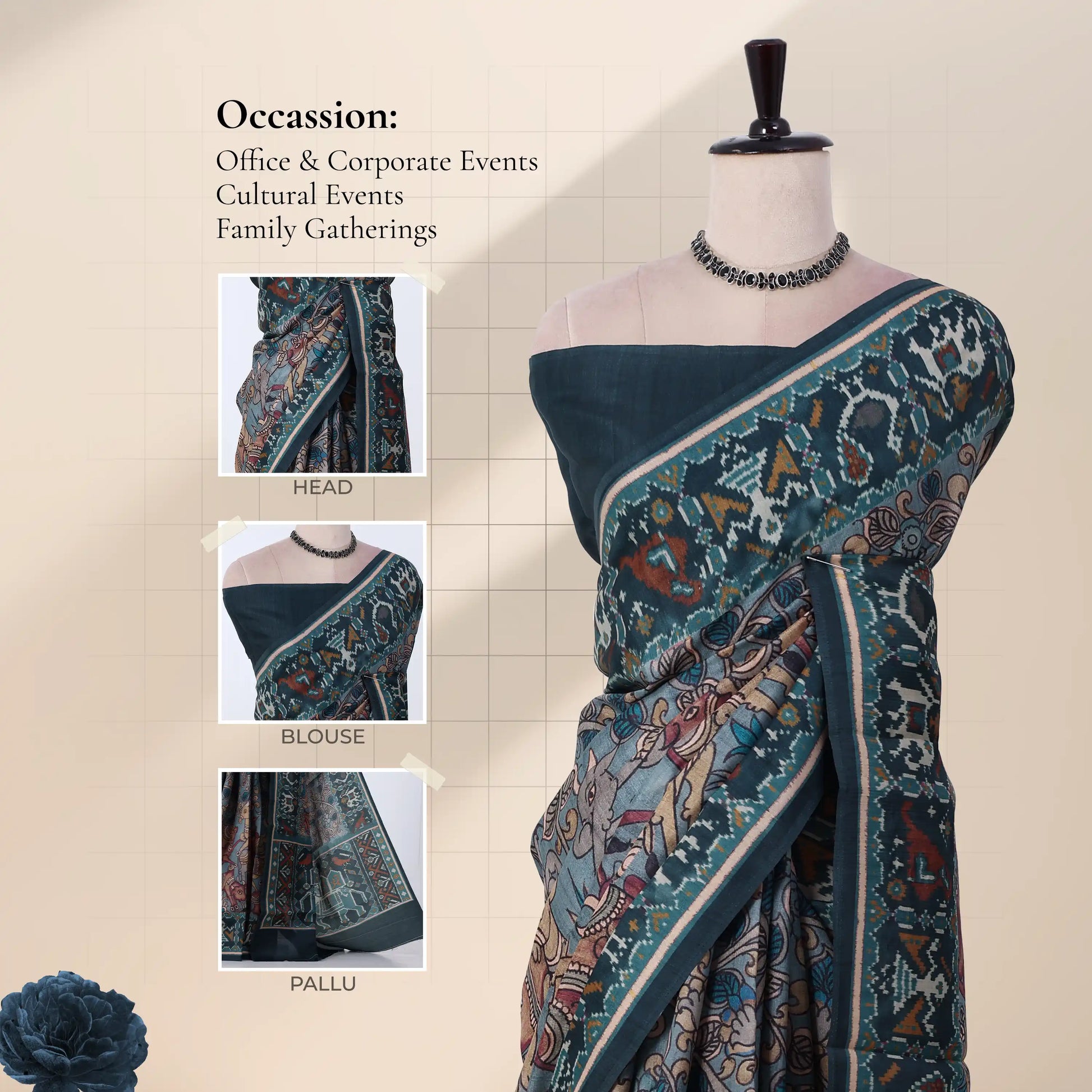 A dark teal saree with a highly detailed multicolor floral and geometric patterned with detail of  head, blouse, and pallu.