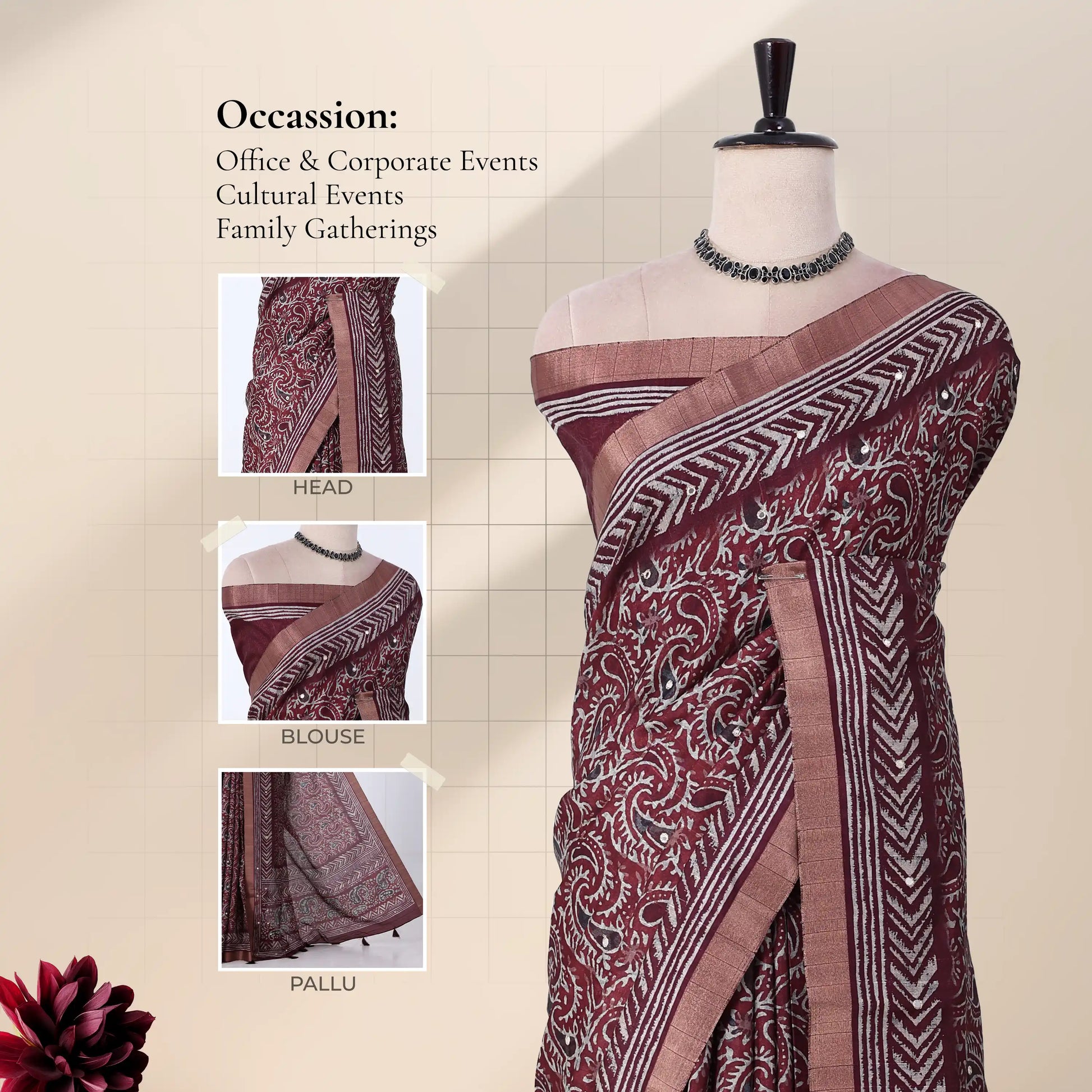 A maroon and beige patterned saree with inset view blouse, head drape, and pallu. 