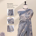 A multi colour  patterned tusser saree with detail images of the head, blouse, and pallu. 