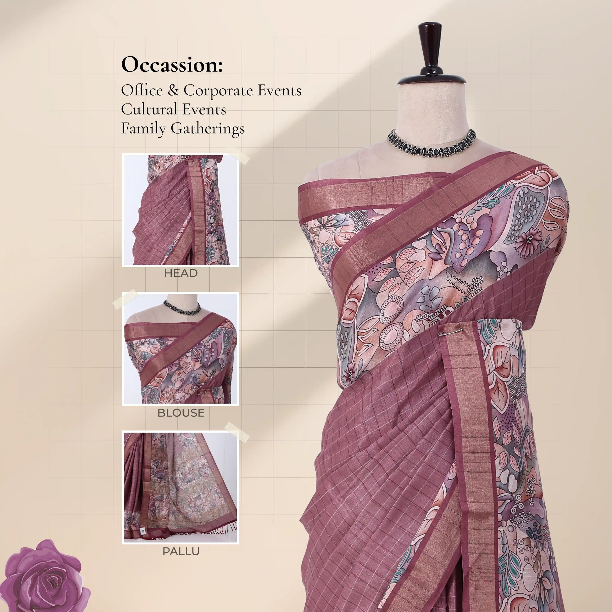 A printed saree in dusty rose and multicolor paisley with detail of head, blouse, and pallu