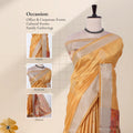 A golden yellow and silver saree with inset images showing close-ups of the head, blouse, and pallu details.