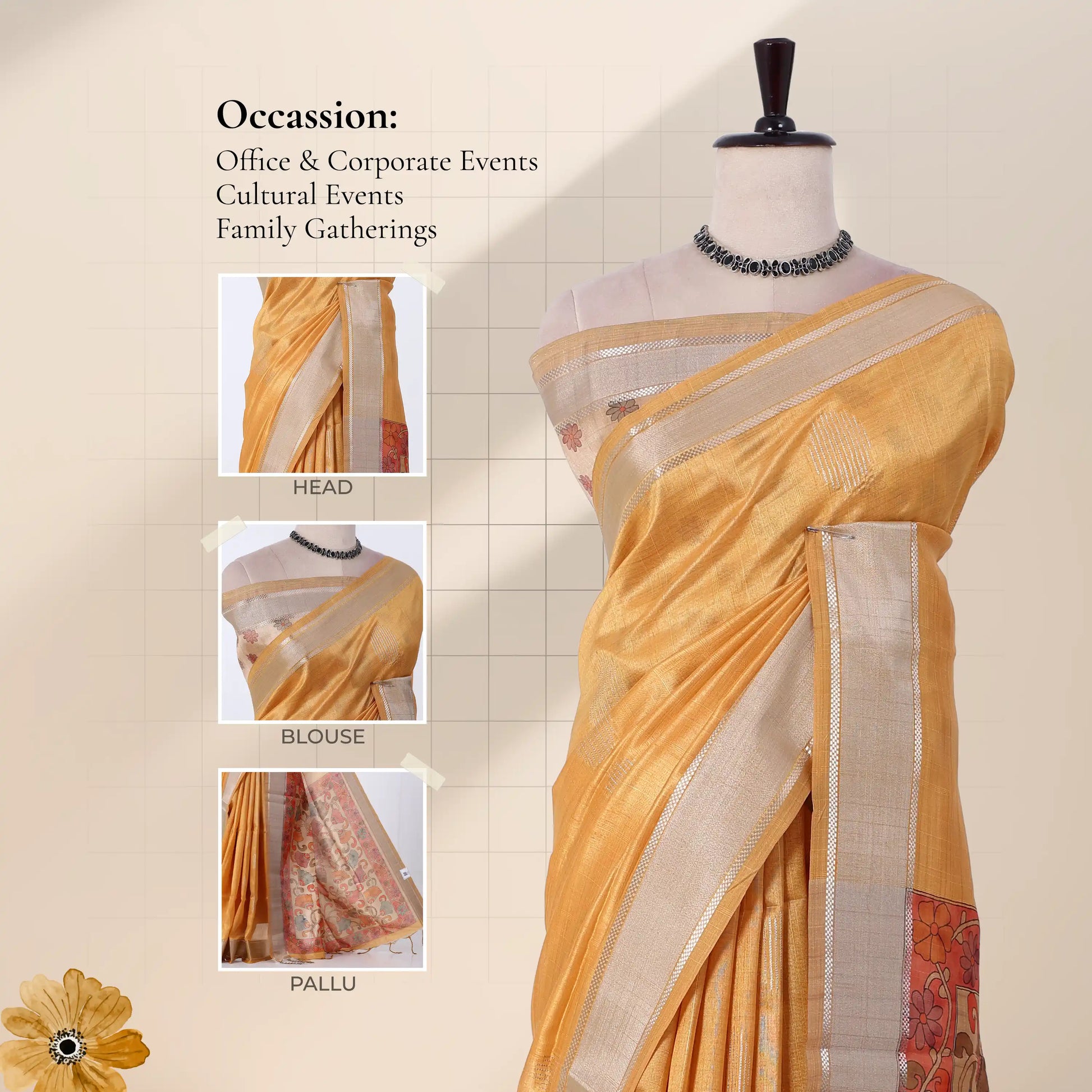 A golden yellow and silver saree with inset images showing close-ups of the head, blouse, and pallu details.