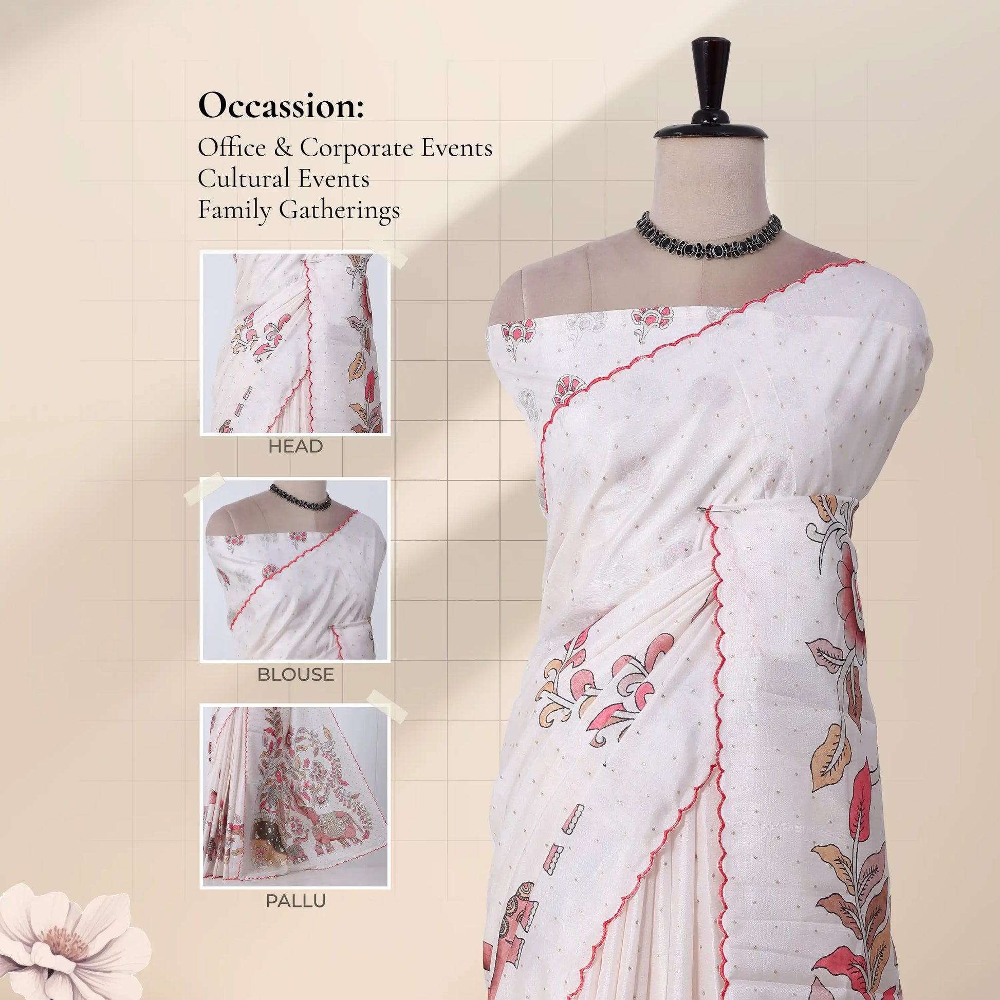 White tussar printed saree with detail views head, blouse, and pallu. 