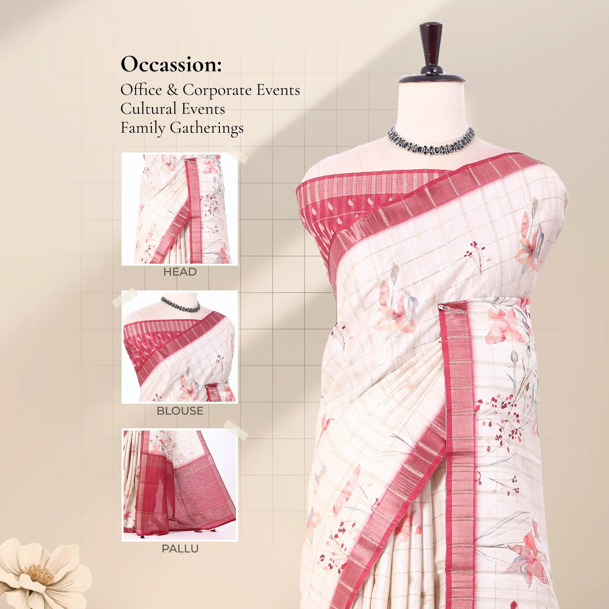A white saree with pink floral prints and a red-pink border,with detail of head, blouse, and pallu