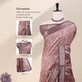 A mauve pink and brown patterned saree with a metallic purple border, inset images showing the saree draped over the head, blouse, and pallu