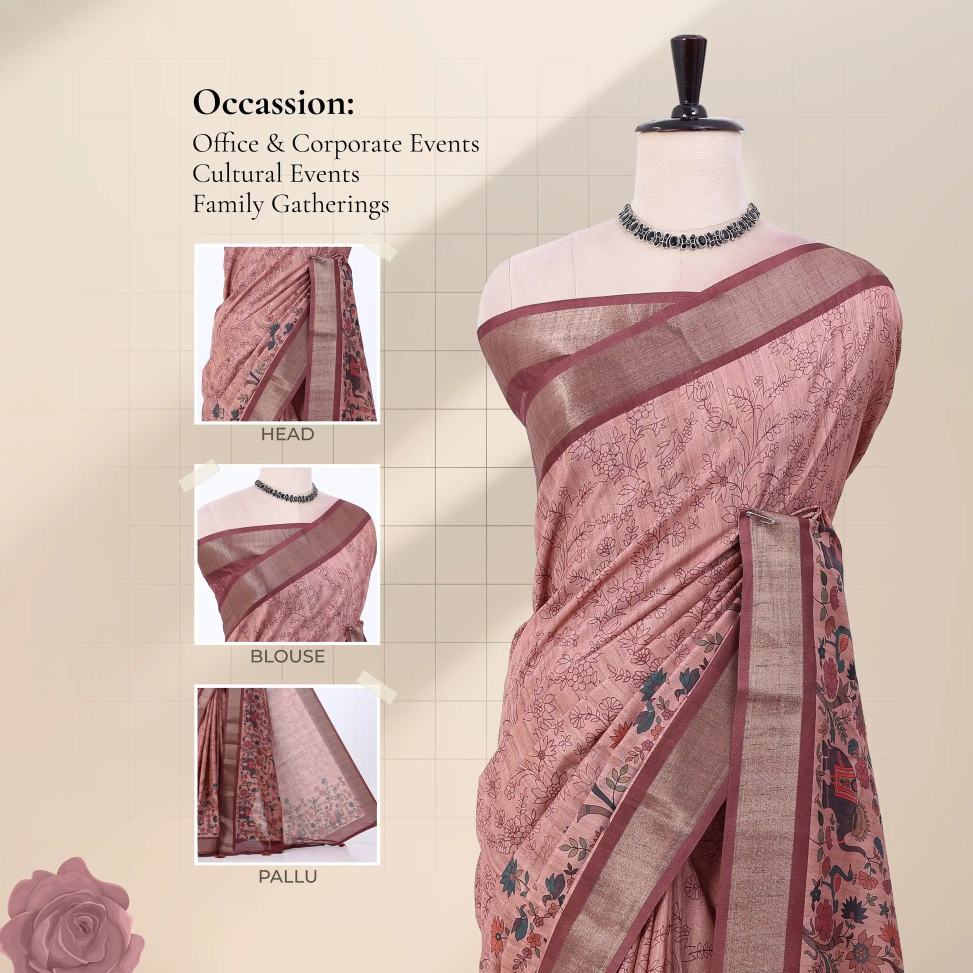 A dusty pink printed saree with a metallic gold border and floral pallu, includes thead, blouse, and pallu