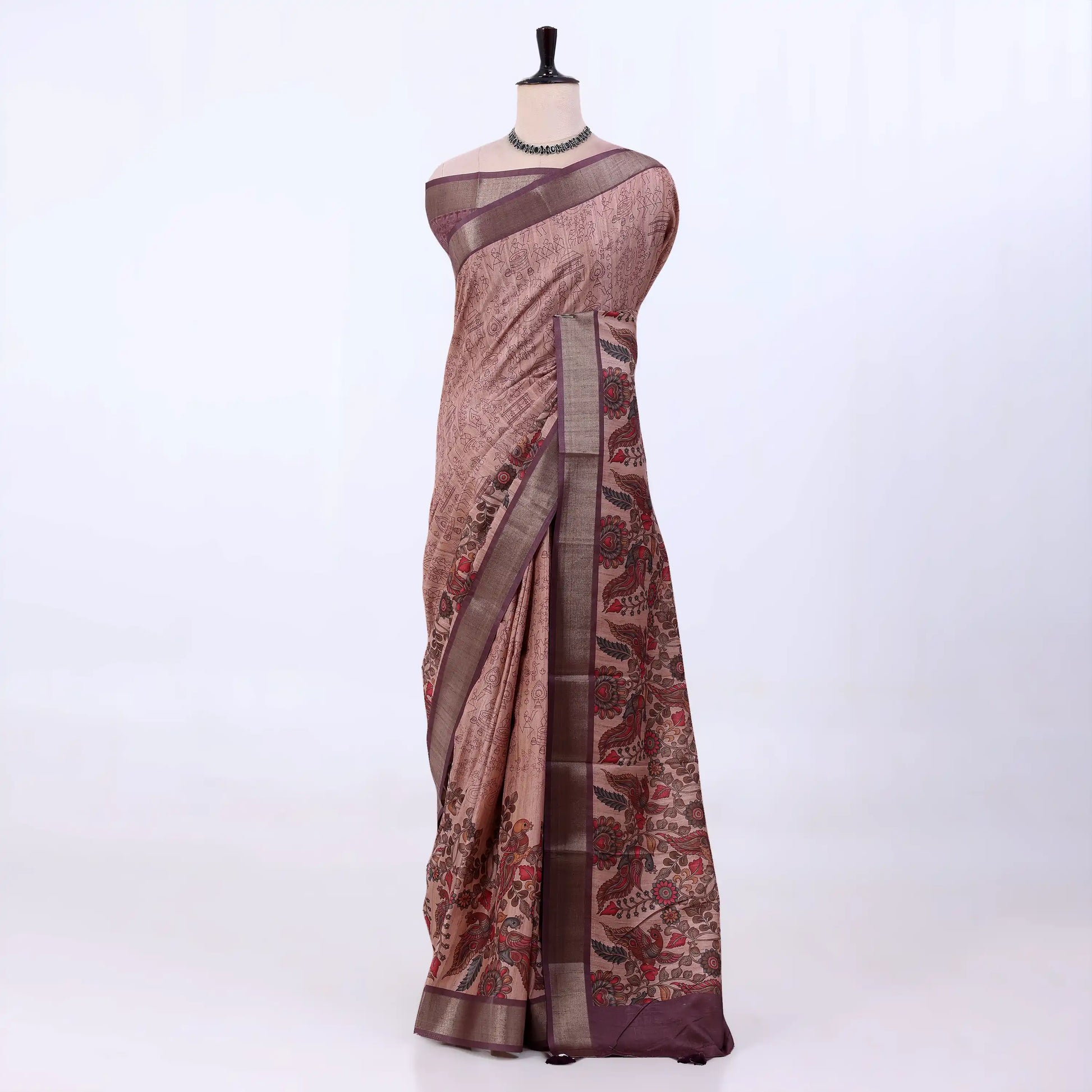 Peach Semi Tussar saree featuring floral print with maroon woven border, elegant front drape view