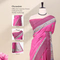 A bright pink saree displayed with a matching blouse,with detail of head, blouse, and pallu.