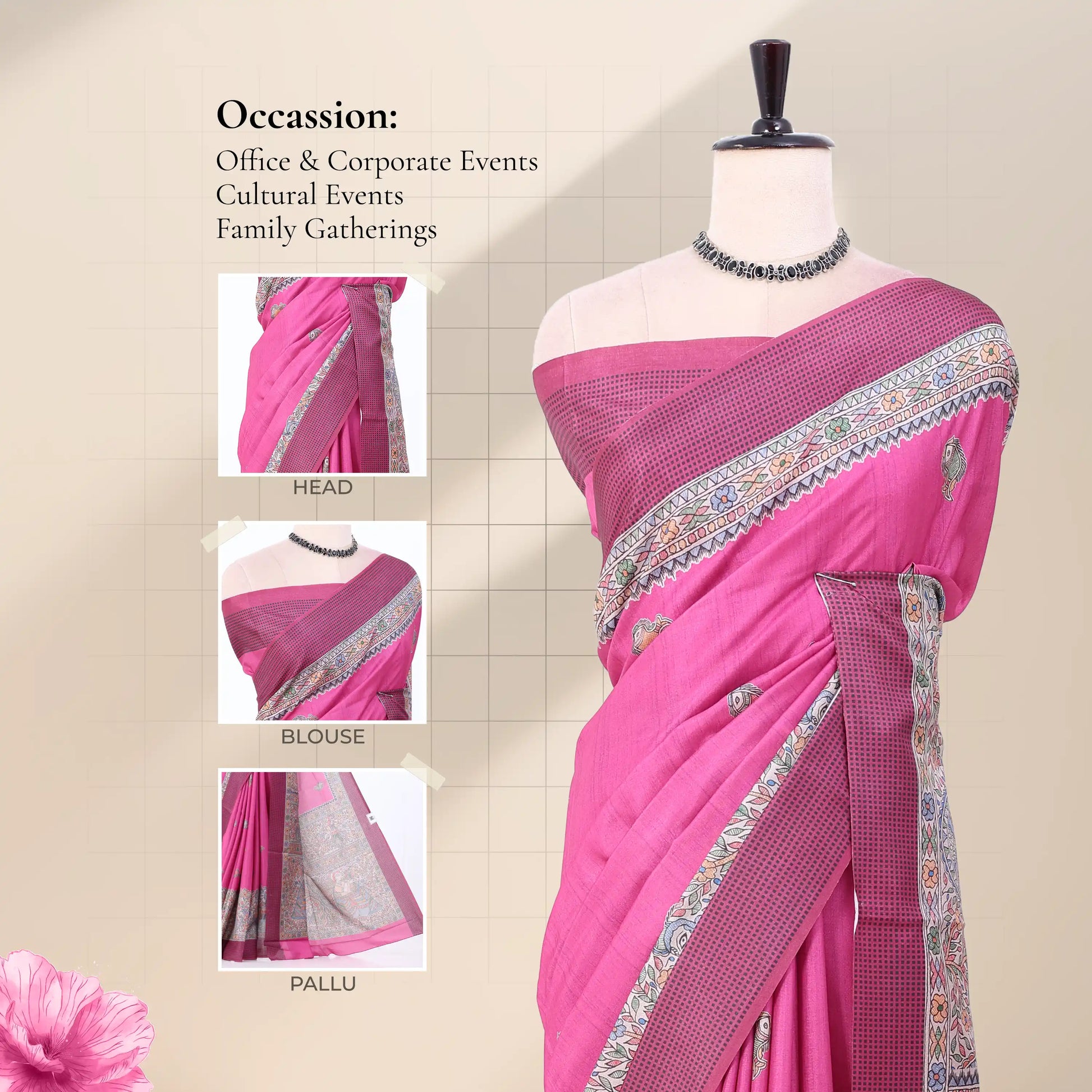 A bright pink saree displayed with a matching blouse,with detail of head, blouse, and pallu.