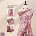 A pink and rose printed saree with a wide metallic pink border with detail views of the head, blouse, and pallu