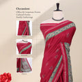 A deep pink tusser saree with green and gold borders with detail of the head, blouse, pallu